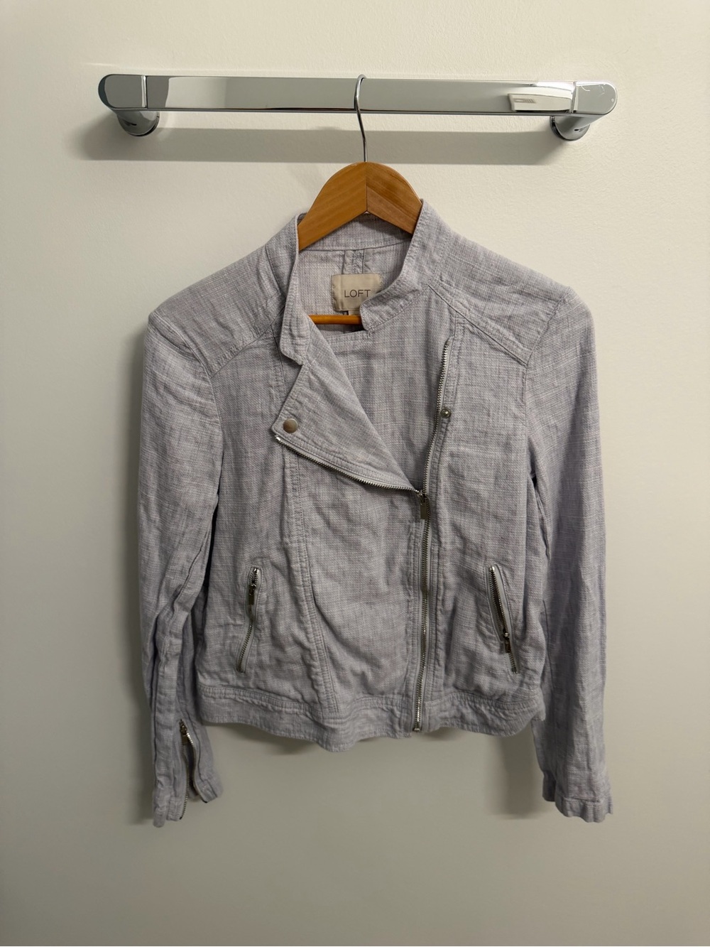 LOFT Pale Gray Linen-Blend Moto Jacket
